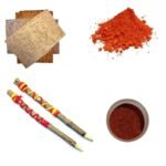 Bhojpatra (Pack of 5) (15 * 12 cm) with anar kalam, astgandh, Sandalwood powder, Original Bhoj patra For Yantra Writing